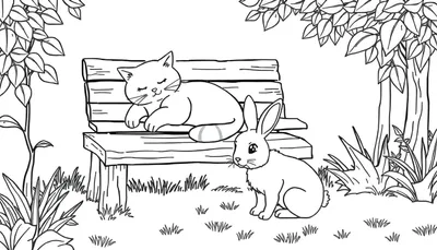 Kleurplaat van een schattige kat die slaapt op een tuinbankje, naast een wakker konijn dat kijkt. Bomen en gras zijn zichtbaar.