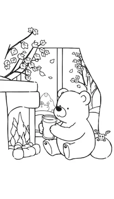 Kleurplaat van een schattige teddybeer die chocolademelk drinkt bij een open haard met een herfstlandschap door het raam en een konijntje op een bal.