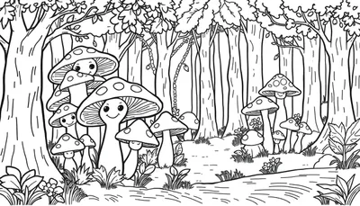 Kleurplaat van een sprookjesachtig herfstbos met lachende paddenstoelen, bomen, gras en bloemen, met een touw vol blaadjes tussen de bomen.