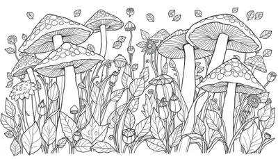 Kleurplaat van een sprookjesachtige bos weide met gedetailleerde mandala-achtige patronen, verschillende soorten paddenstoelen met en zonder stippen, bladeren, bloemknoppen, roosjes, een zonnebloem-achtige bloem en zwevende blaadjes.