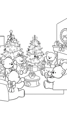 Kleurplaat van schattige teddyberen die een kerstfeestje vieren in een gezellige woonkamer met kerstbomen en cadeaus.