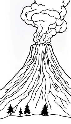 Kleurplaat van een grote vulkaan die uitbarst met rook en as, gestolde lava en bomen aan de voet.