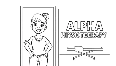Kleurplaat van een lachende fysiotherapeute met haar handen op haar heupen, staand naast een deur met het opschrift 'ALPHA PHYSIOTEERAPY' en een fysiotherapie tafel met wieltjes.