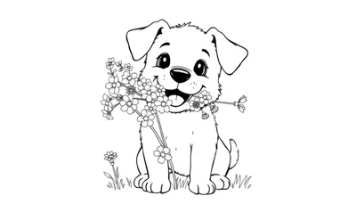 Zwart-wit tekening van een lachende puppy met grote ogen en flaporen die bloemen vasthoudt, zittend in het gras.