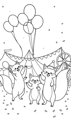 Kleurplaat van drie vrolijke vossen met ballonnen bij een circus tent met een reuzenrad en confetti.