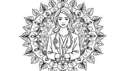 Kleurplaat met een vrouwelijke dokter in doktersjas en met stethoscoop, omringd door een mandala met bloemen.