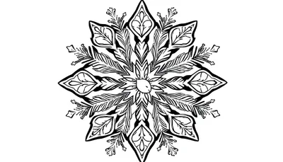 Een zwart-wit mandala kleurplaat met een symmetrische opbouw van bladeren en bloemblaadjes die lijken op een sneeuwvlok, met dunnere takjes en stipjes, getekend met dikke, expressieve lijnen.