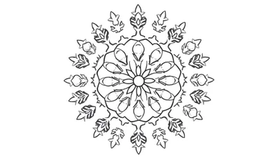 Kleurplaat van een symmetrische winter mandala met gedetailleerde patronen, lijkend op een sneeuwvlok.