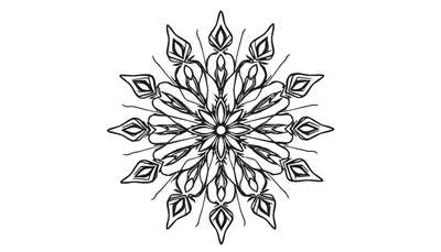 Zwart-witte mandala kleurplaat van een sneeuwvlok met symmetrische, uitwaaierende patronen.