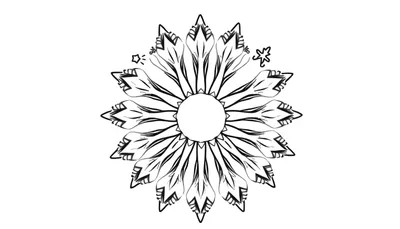 Gestileerde abstracte winter mandala kleurplaat met symmetrische patronen, bloemblaadjes en sterren.