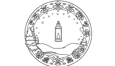 Kleurplaat van een winterse mandala met een lantaarn, besneeuwde bomen en kerstversiering.