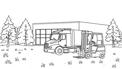 Kleurplaat van een winterlandschap met een vrachtwagen, heftruck, bedrijfspand, bomen en gras.