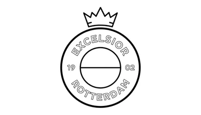 Zwart-wit lijntekening kleurplaat met een grote voetbal omringd door impacteffect, een grasveld met detail, en een voetbaldoel rechtsachter. Met als thema voetbalclub Excelsior.