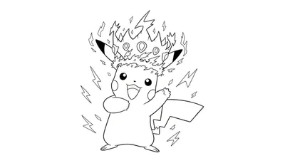Lachende Pikachu kleurplaat met bliksemkroon en omringende bliksemschichten, arm geheven in een cartoonstijl.