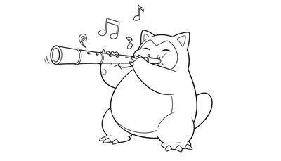 Zwart-wit kleurplaat van Snorlax die rechtop staat en vrolijk fluit speelt, met muzieknoten en geluidskrullen.
