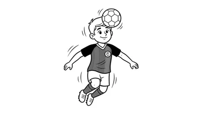 Zwart-wit kleurplaat van een vrolijke jonge NEC-voetballer in actie, springend om een voetbal met zijn hoofd te koppen. Bewegingsstrepen accentueren de dynamiek.