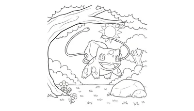 Kleurplaat van een breed lachende Bulbasaur met uitgestrekte lianen, omringd door een natuurlijke omgeving met een grote boom, struiken, zon, gras, bloemen en een steen.