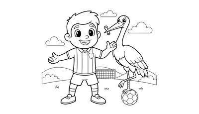 Zwart-witte lijntekening/kleurplaat van een lachende jongen in ADO Den Haag voetbaltenue met open armen, naast een lachende ooievaar die een diploma vasthoudt en op een voetbal staat, tegen de achtergrond van een voetbalveld met doel, gras en wolken.