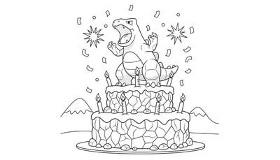 Kleurplaat van feestelijke Tyranitar op een tweelaagse verjaardagstaart met negen brandende kaarsjes, omringd door confetti en sterren.