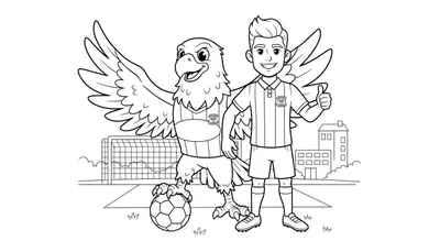 Zwart-wit kleurplaat van Go Ahead Eagles arend mascotte en een lachende jongen met voetbaltenue en vleugels op een voetbalveld met doel.