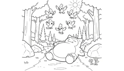 Zwart-wit kleurplaat: Slapende Snorlax in bos met vliegende vogeltjes en zon.