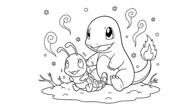 Kleurplaat van Charmander en Caterpie die vrolijk samen zitten, omringd door decoratieve elementen, op een oneffen ondergrond.