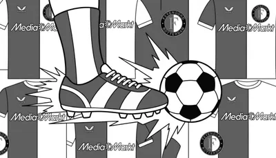 Zwart-witte Feyenoord voetbal kleurplaat met prominent een actieve voetbalschoen en bal op de voorgrond. De achtergrond toont herhalende Feyenoord shirts, gesplitst in donkergrijs en wit, met logo's van Castore, Media Markt en het Feyenoord clublogo.