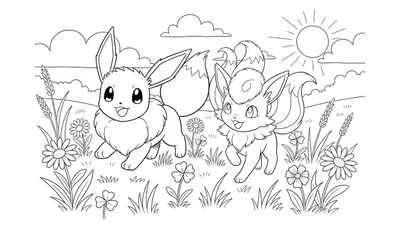Zwart-wit lijntekening van de Pokémon Eevee en Vulpix die vrolijk spelen in een bloemenveld met gras, madeliefjes, klavertjes en graanaren. Op de achtergrond zijn wolken en een stralende zon te zien. Een ideale kleurplaat voor kinderen.