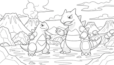 Zwart-wit kleurplaat van Pokémon Tyranitar en Pupitar tegenover elkaar in een berglandschap met een rokende vulkaan, rotsen en golvende patronen op de voorgrond.