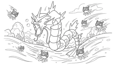 Zwart-wit lijntekening kleurplaat van een dynamische Gyarados met open bek en scherpe tanden, omringd door kleine Mantyke, bubbels en waterplanten in een actievolle wateromgeving.
