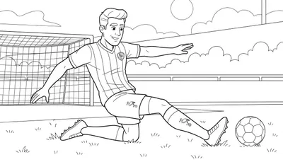 Kleurplaat van een vrolijke ADO Den Haag voetballer in actie, duikend naar de bal met ooievaar logo op zijn kleding, op een voetbalveld met doel en stadion op de achtergrond.