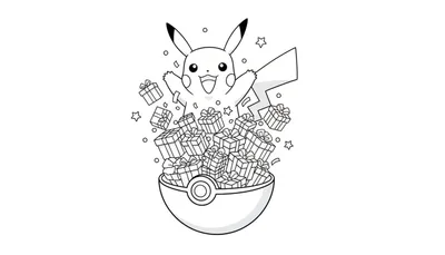 Kleurplaat van een vrolijke Pikachu die uit een Pokébal springt, omringd door cadeautjes, sterretjes en confetti.