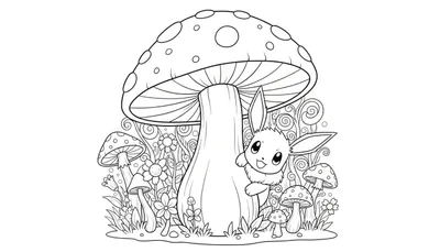 Kleurplaat van een Eevee-achtig wezentje dat achter een grote gestippelde paddenstoel vandaan piept, omringd door kleinere paddenstoelen, bloemen en bosvegetatie.