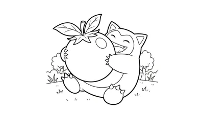 Zwart-wit kleurplaat van een vrolijke Snorlax die breed lachend een grote ronde vrucht omhelst in de natuur.