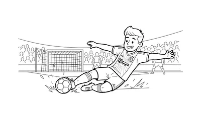 Kleurplaat van een lachende jonge Ajax voetballer met blond haar die een sliding maakt om de bal te trappen. Hij draagt een Ziggo gesponsord tenue, met op de achtergrond een voetbaldoel en een tribune met publiek.