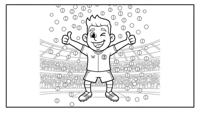 Zwart-wit kleurplaat van een lachende jongen in Feyenoord sporttenue met voetbalschoenen, die met twee duimen omhoog en knipoog juicht in een voetbalstadion met publiek en zwevende objecten.