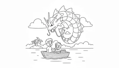 Kleurplaat van een gigantische Gyarados die boven water zweeft, met daaronder een bootje waarin twee lachende mensen (volwassene en kind met Pokébal) varen, en een palmeiland op de achtergrond.
