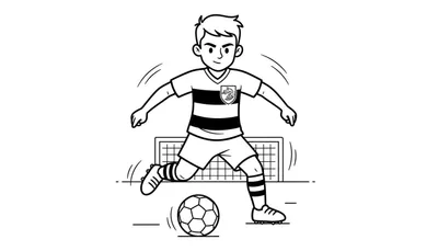 Zwart-wit lijntekening van een jonge FC Den Bosch voetballer in actie, trappend tegen een bal voor een voetbaldoel.