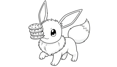 Kleurplaat van Eevee, een Pokémon, die vier chocoladekoekjes op zijn snuit balanceert. De achtergrond is wit.