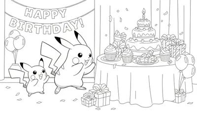 Kleurplaat van twee vrolijke Pikachu's op een verjaardagsfeestje met taart, cadeautjes, ballonnen en confetti.