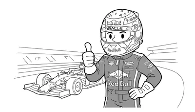 Zwart-witte kleurplaat van een vrolijke Formule 1 coureur in Red Bull racepak en helm, met duim omhoog. Achter de coureur staat een gedetailleerde F1 racewagen. De achtergrond toont gestileerde lijnen van een circuit. Logos zoals ORACLE, Red Bull en HONDA zijn zichtbaar.