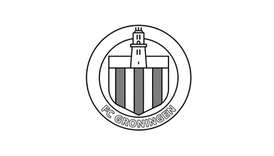 Lijntekening van het ronde FC Groningen logo met de Martinitoren, een wapenschild met afwisselend witte en grijze strepen, en de tekst 'FC GRONINGEN'.