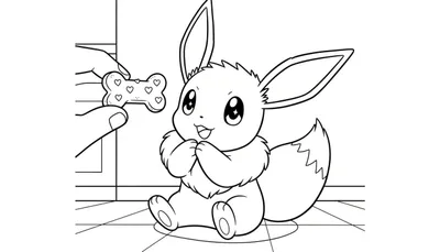 Zwart-wit kleurplaat van Eevee die blij en verwachtingsvol omhoog kijkt naar een hand die een botvormig koekje met hartjes vasthoudt.