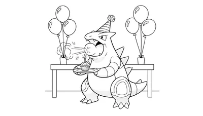 Kleurplaat van een Feraligatr-achtig Pokémon-wezen met feestmuts, dat een kaarsje op een cupcake uitblaast. Achter hem staan ballonnen op een tafel.