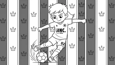 Zwart-wit kleurplaat van een kind in Excelsior voetbaltenue, schopt een bal met zijn/haar linkerbeen. Het shirt heeft JINC- en DSW-logo's, de achtergrond toont grijze banen met kleine kroontjes.