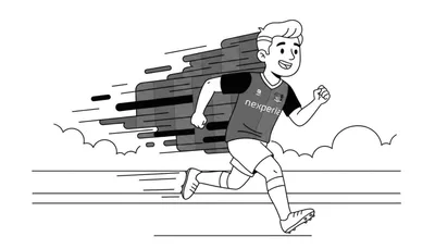 Zwart-witte kleurplaat van een jonge man of jongen die rent in een voetbaltenue. Op zijn shirt staat 'nexperia' als sponsor, met kleinere logo's op mouw en borst. Achter hem zijn dynamische strepen en rookpluimen te zien die snelheid suggereren. De jongen lacht en kijkt vooruit, op de grond zijn lij