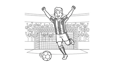 Kleurplaat van een juichende Willem II voetballer in een stadion na een doelpunt, met juichende fans en een voetbal op de voorgrond.