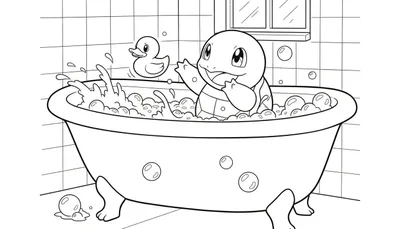 Zwart-wit kleurplaat van de Pokémon Squirtle die vrolijk in een badkuip met schuim en zeepbellen zit, naast een badeendje.