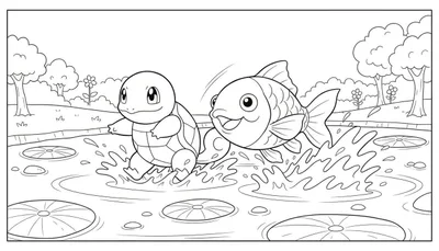 Zwart-wit kleurplaat van een Squirtle-achtige schildpad en een lachende vis die samen spetteren in een vijver met waterlelies, heuvels en bomen op de achtergrond.