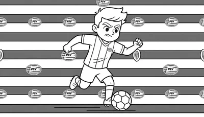Zwart-wit kleurplaat van een vastberaden PSV-voetballer (jongen) in actie met de bal, omringd door herhalende PSV-logo's op een gestreepte achtergrond.